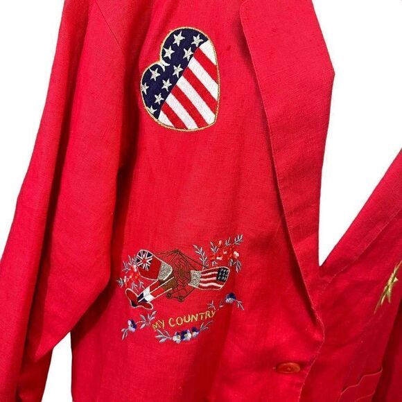 ADAM DOUGLASS Red Vintage Linen Blazer Patriotic My‎ Country Flag Embroidery XL - Picture 4 of 9